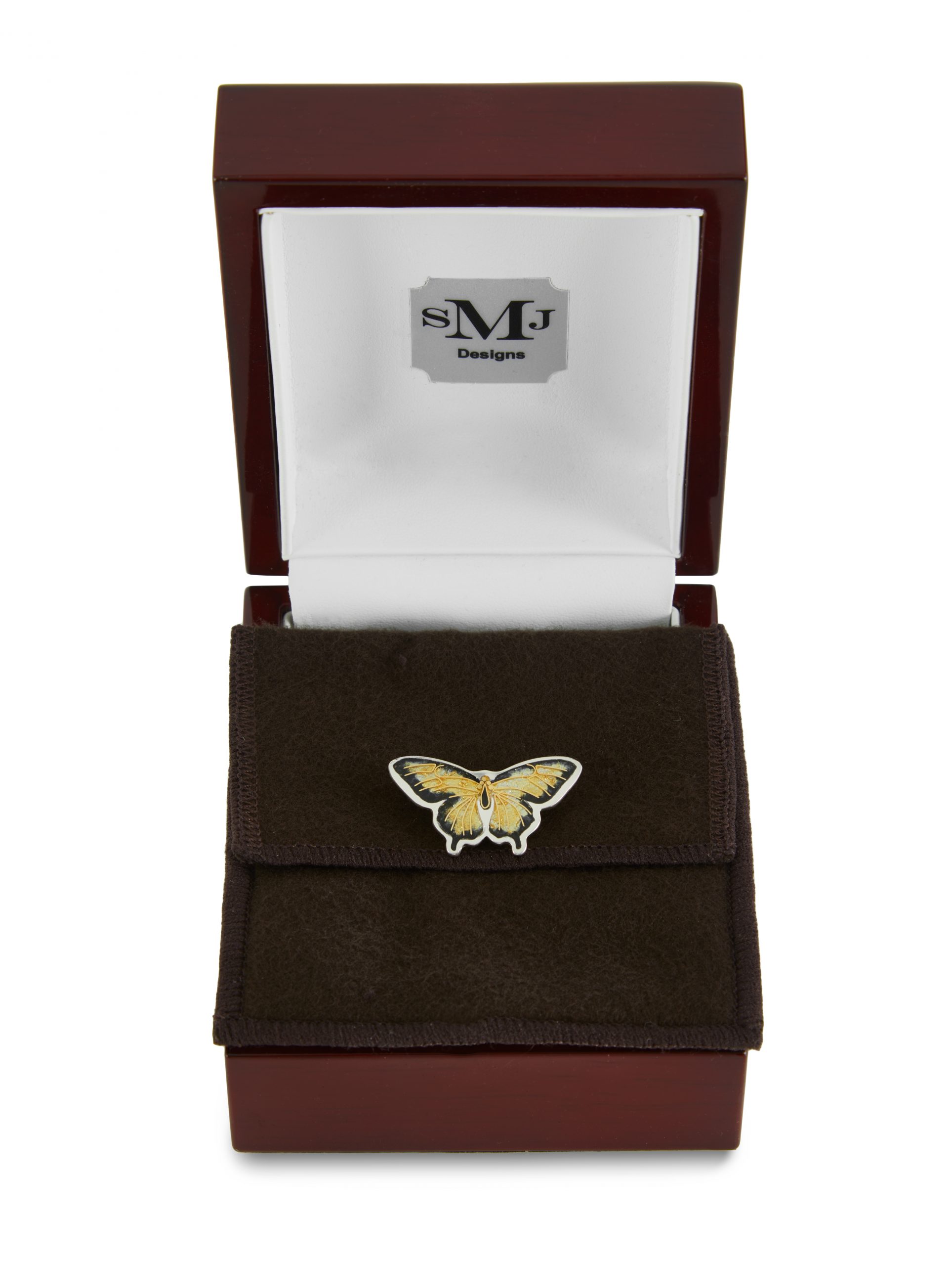 Small gold butterfly necklace, made with the cloisonne technique, shown in its rosewood box