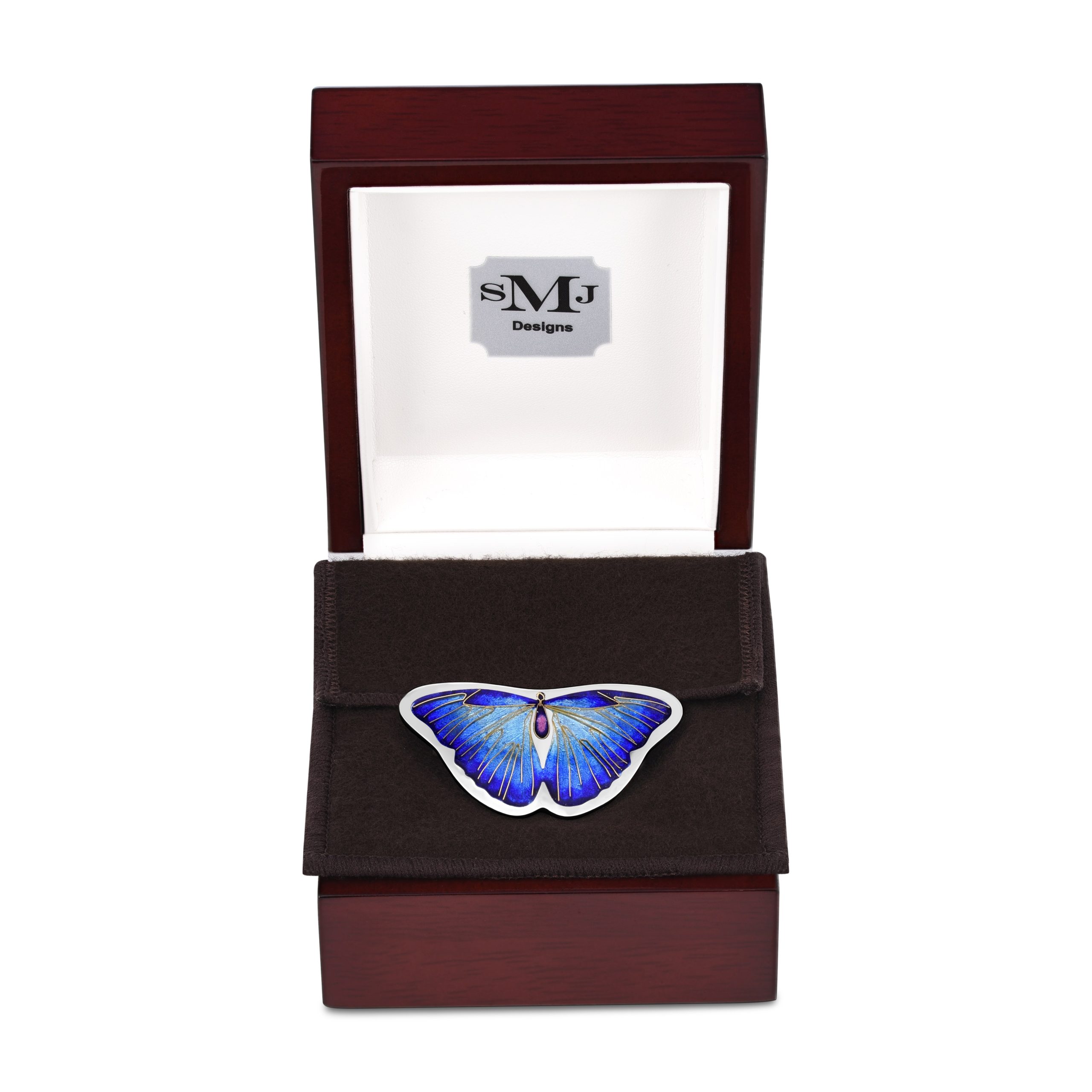 Bright blue butterfly pendant set in silver, in a rosewood box