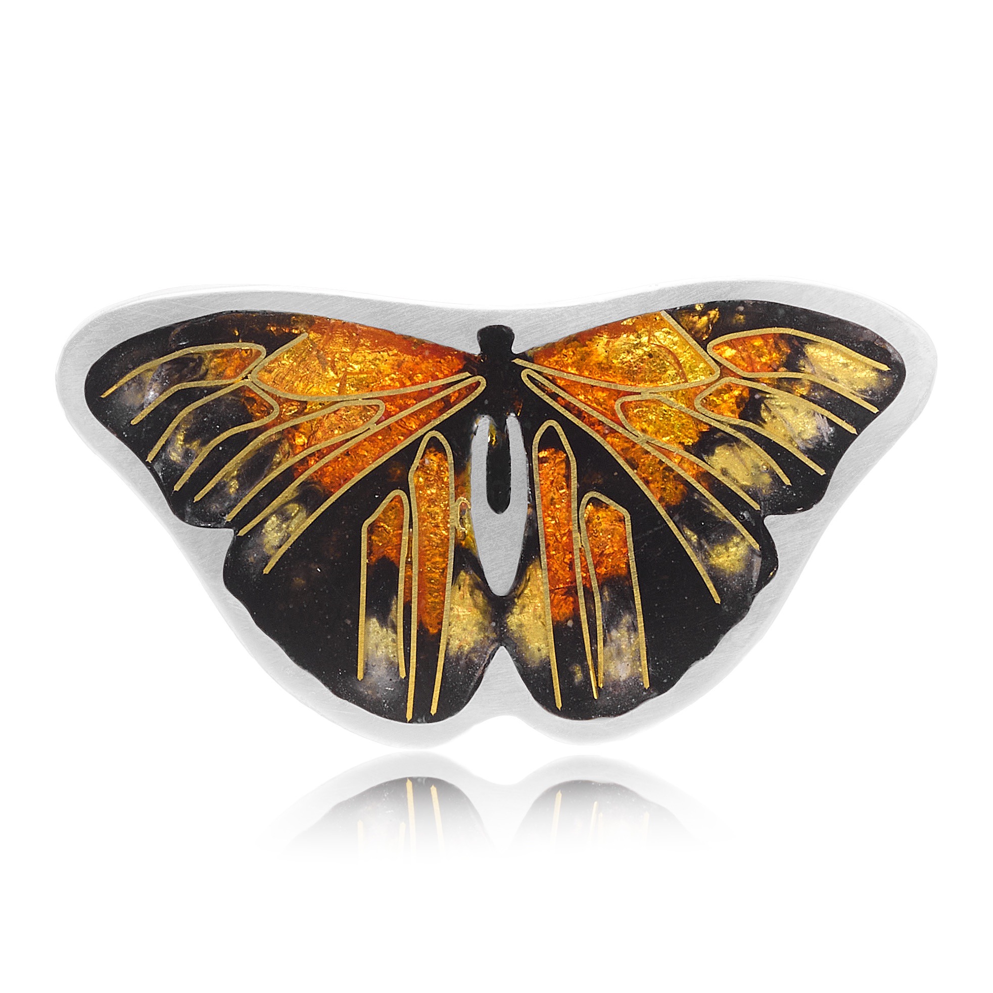 small monarch butterfly pendant made with the cloisonne technique, with a sterling silver chain