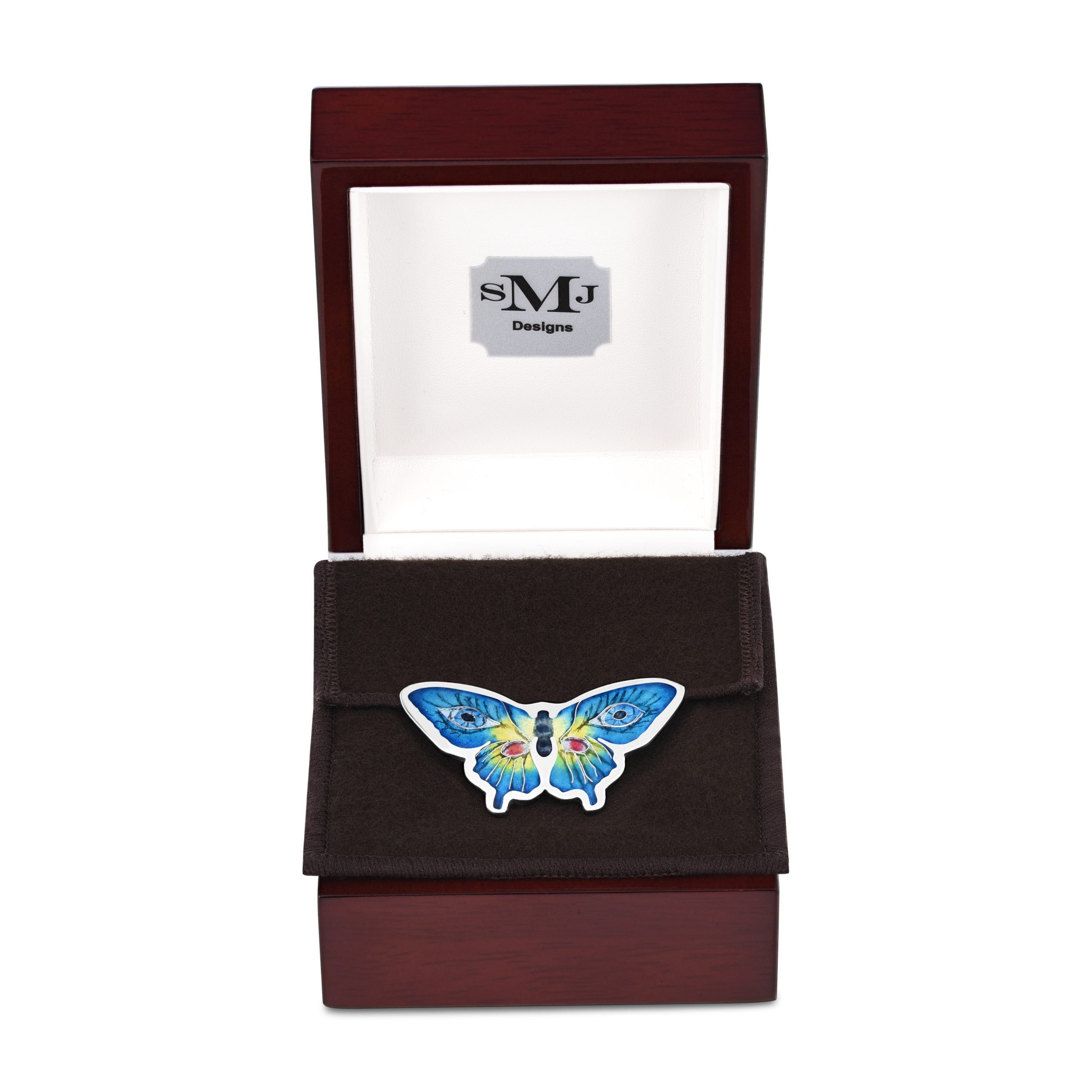 Bright blue butterfly pendant set in silver, in a rosewood box
