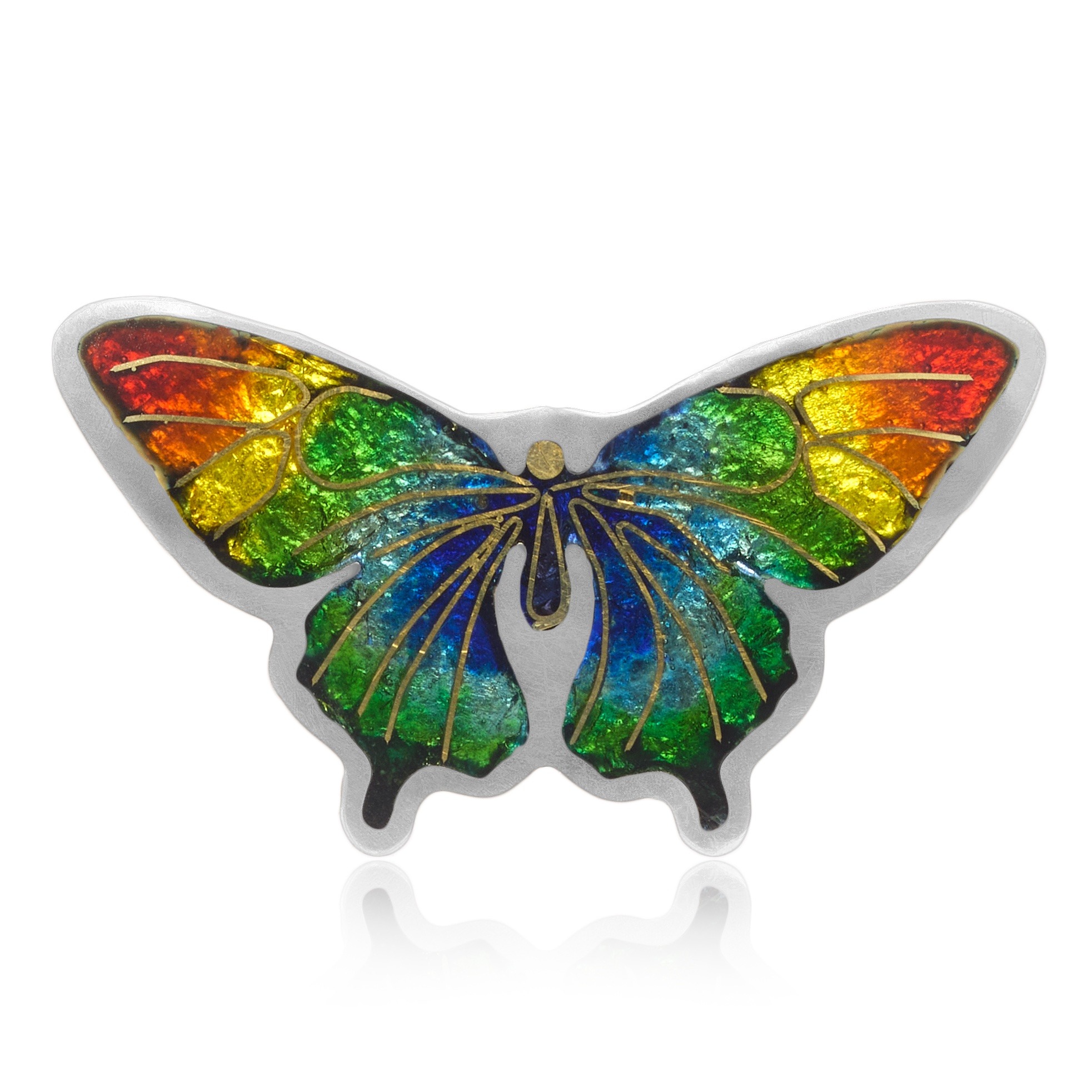 small rainbow butterfly pendant made with the cloisonne technique, on a sterling silver chain
