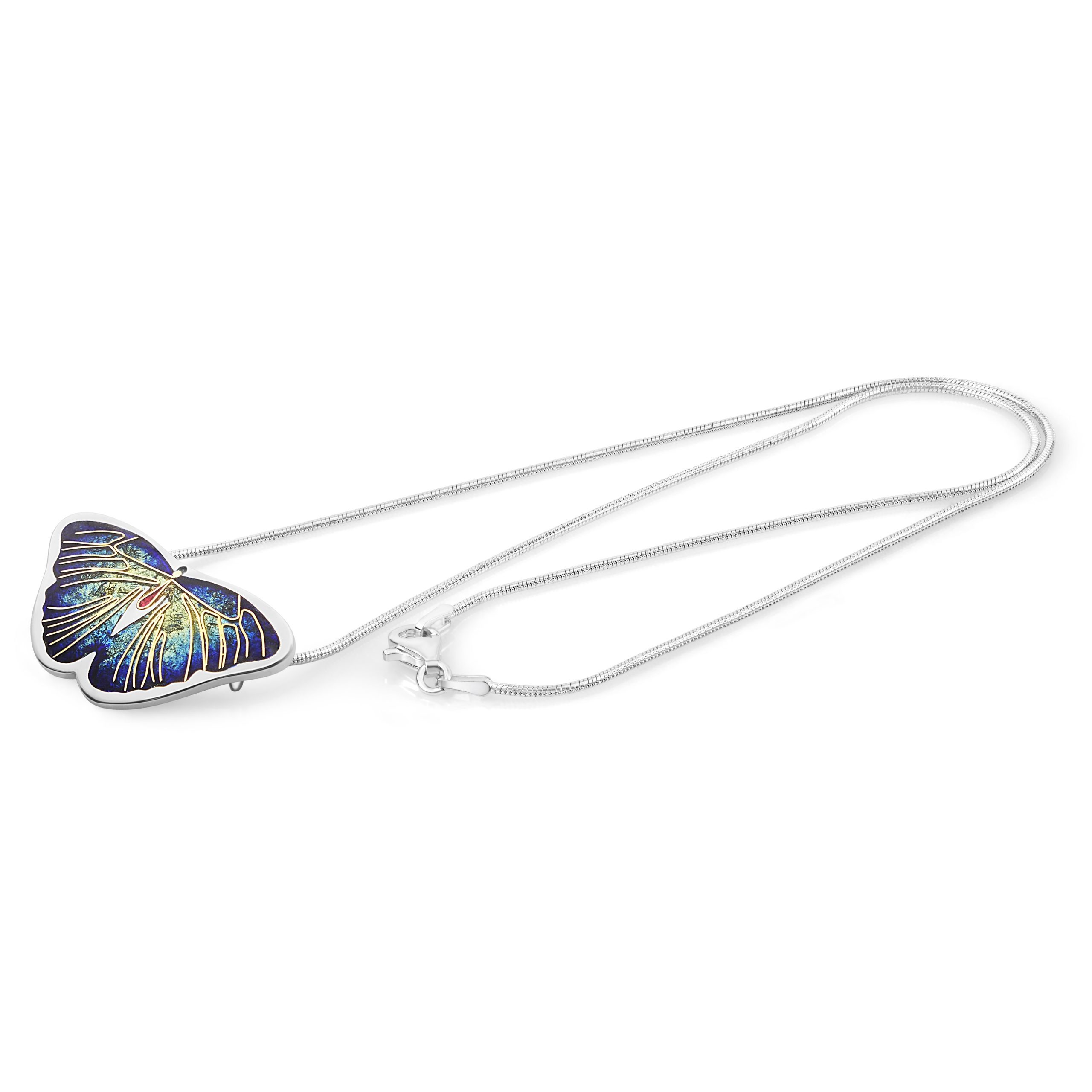 small blue butterfly pendant made with the cloisonne technique, with a sterling silver chain