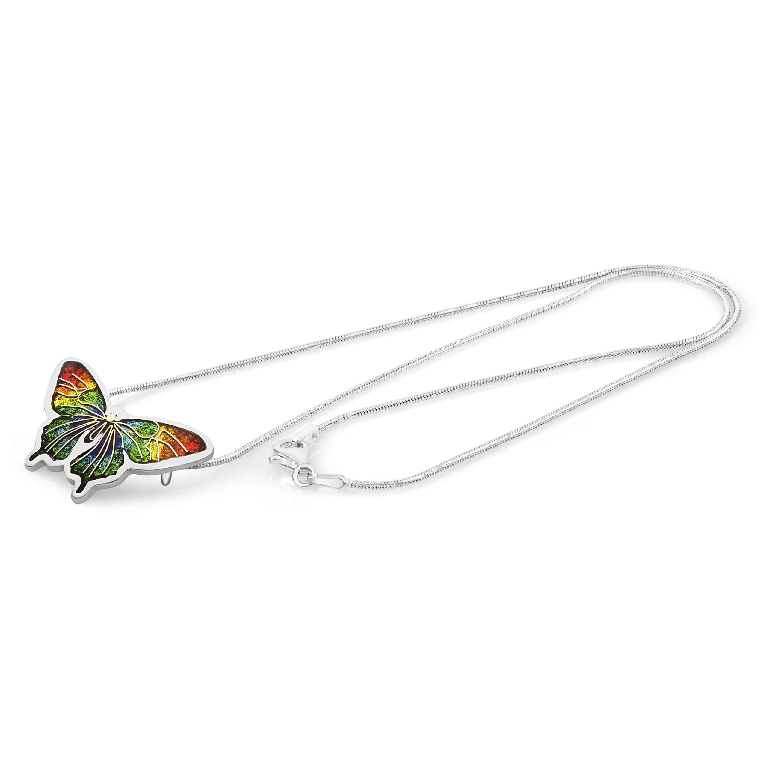 small rainbow butterfly pendant made with the cloisonne technique, on a sterling silver chain