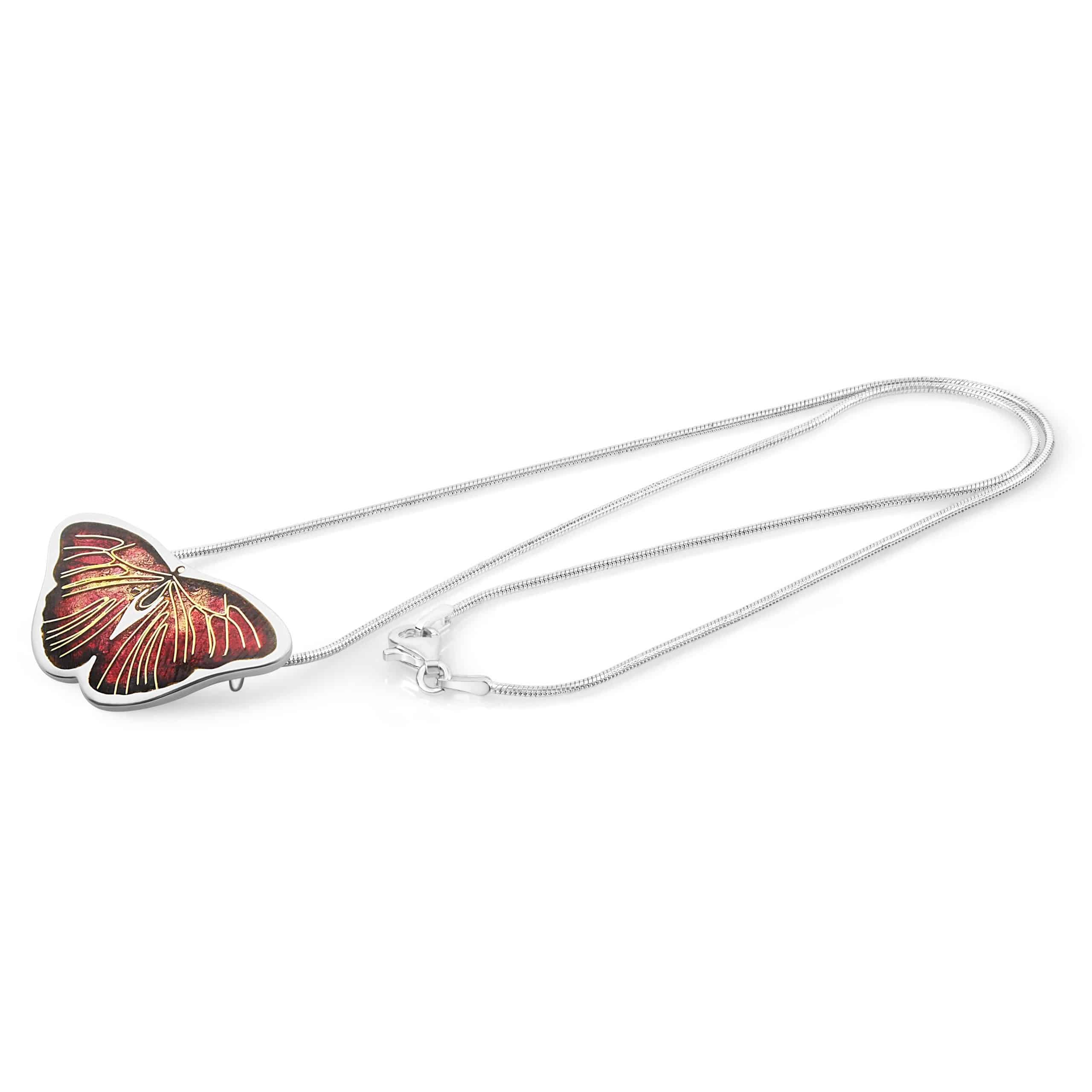 small red butterfly pendant made with the cloisonne technique, with a sterling silver chain