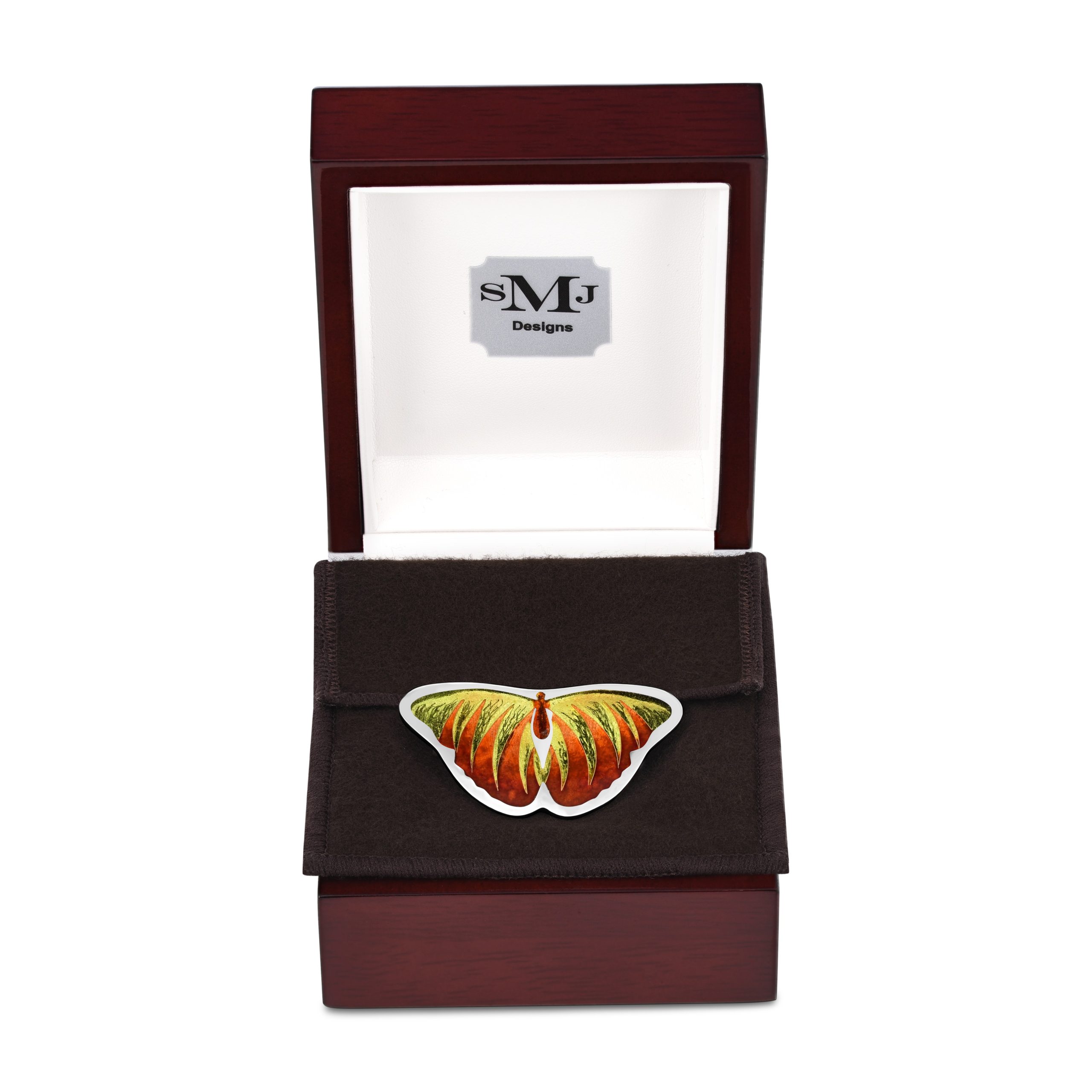 red butterfly necklace made with the cloisonné technique, shown up close in its box